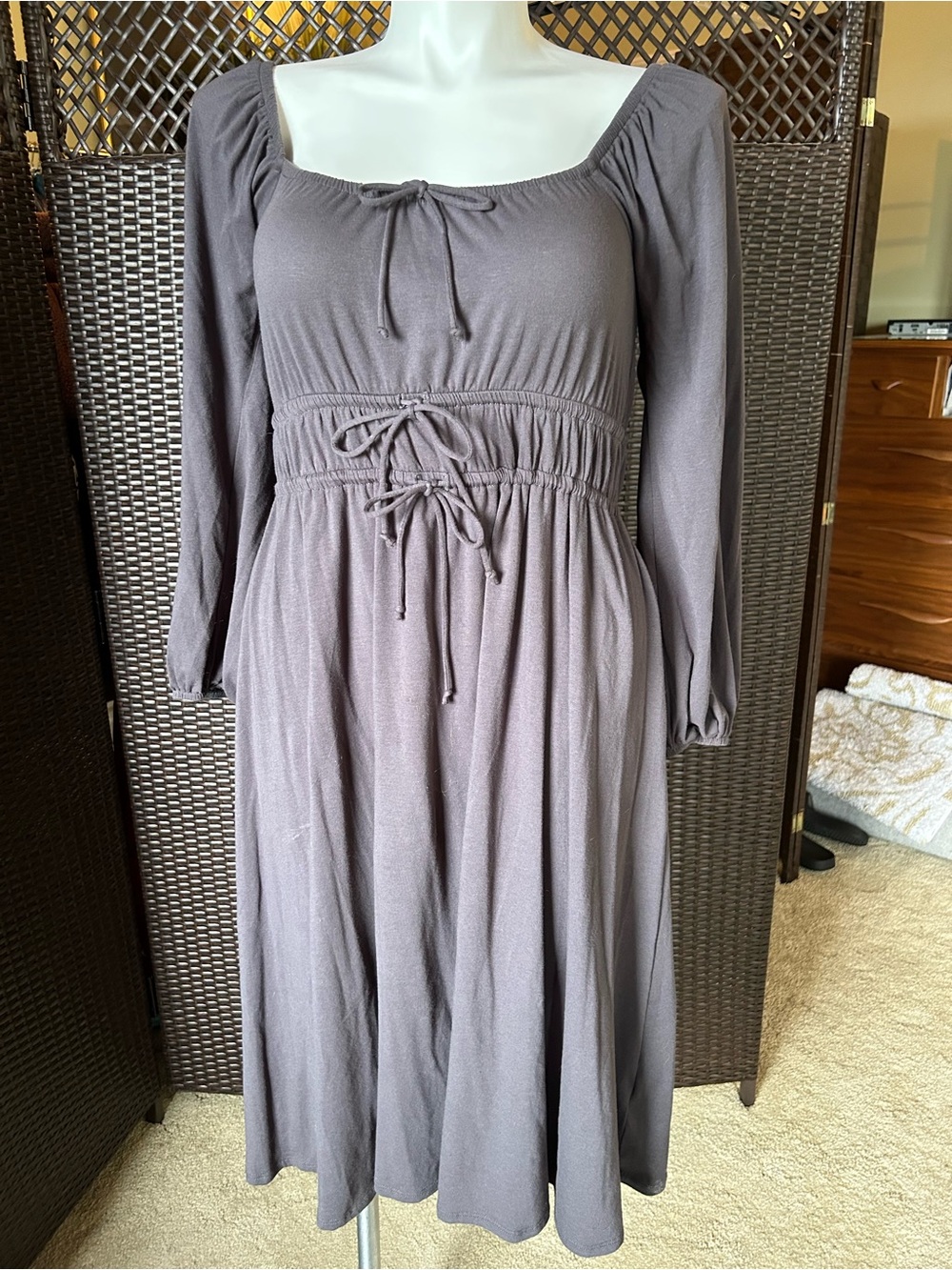 Square-Neck Long Sleeve Midi Dress in Warm Gray - Drawstring Waist